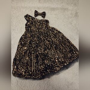 Black and Gold Sequin Dress with Bow